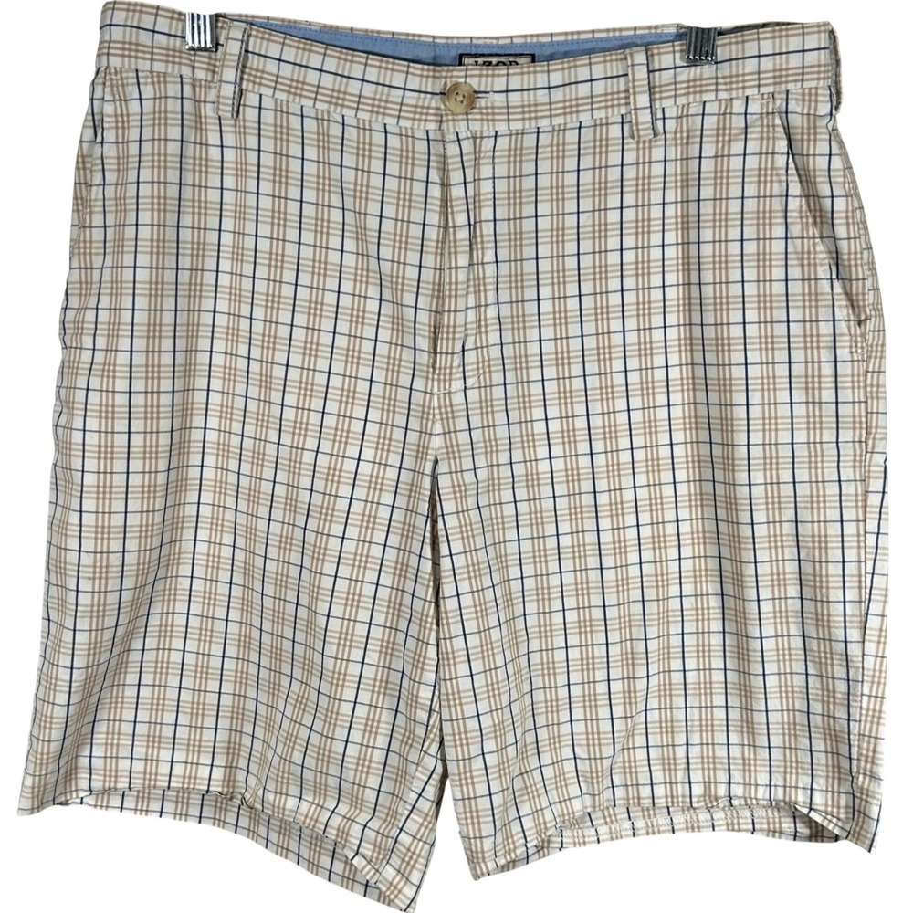 IZOD Mens Plaid Flat Front Shorts Tan Blue White Cotton Size 34‎